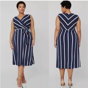 Catherines Dress Womens Size 4X Black Label Belted Navy Blue White Striped